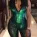 Sexy V Neck Backless Green Sequined One-piece Jumpsuits