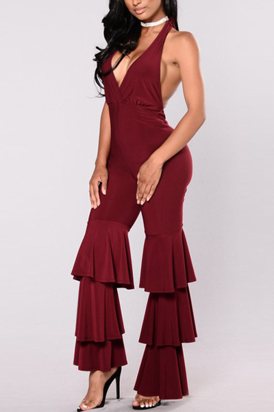 Sexy V Neck Falbala Design Red Milk Fiber One-piece Jumpsuits(Without Choker)