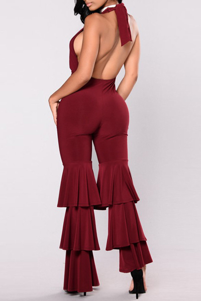 Sexy V Neck Falbala Design Red Milk Fiber One-piece Jumpsuits(Without Choker)