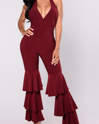 Sexy V Neck Falbala Design Red Milk Fiber One-piece Jumpsuits(Without Choker)