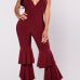 Sexy V Neck Falbala Design Red Milk Fiber One-piece Jumpsuits(Without Choker)