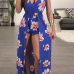 Sexy V Neck Floral Print Blue Milk Fiber One-piece Jumpsuits