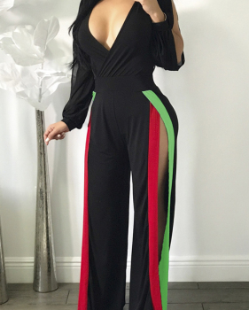 Sexy V Neck High Split Black Polyester One-piece Jumpsuits