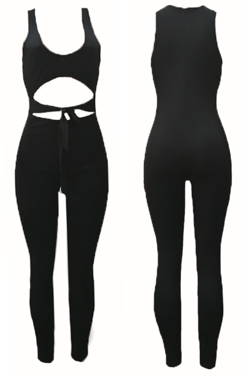 Sexy V Neck Hollow-out Black Polyester One-piece Jumpsuits