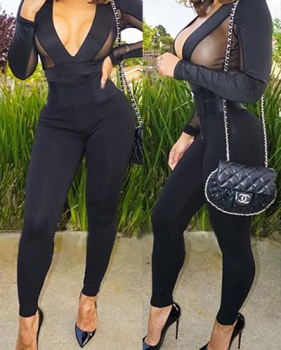 Sexy V Neck Long Sleeves Gauze Patchwork Black Polyester One-piece Skinny Jumpsuits