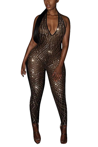 Sexy V Neck See-Through Gold Gauze One-piece Skinny Jumpsuits