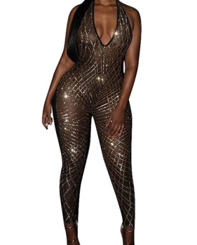 Sexy V Neck See-Through Gold Gauze One-piece Skinny Jumpsuits