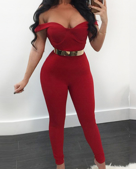 Sexy V Neck Short Sleeves Red Qmilch One-piece Skinny Jumpsuits(Without Belt)