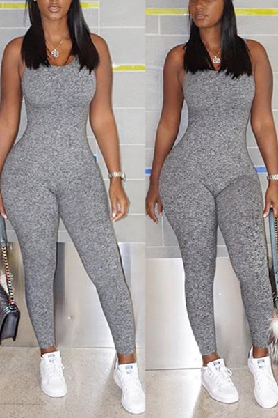 Sexy V Neck Sleeveless Backless Grey Polyester One-piece Skinny Jumpsuits