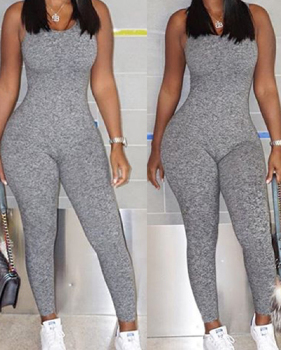 Sexy V Neck Sleeveless Backless Grey Polyester One-piece Skinny Jumpsuits