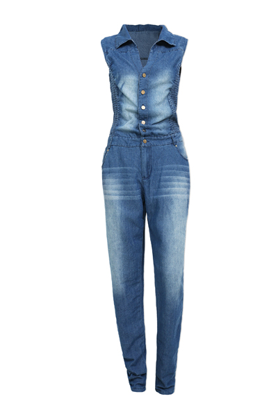 Sexy V Neck Sleeveless Blue Denim One-piece Skinny Jumpsuit