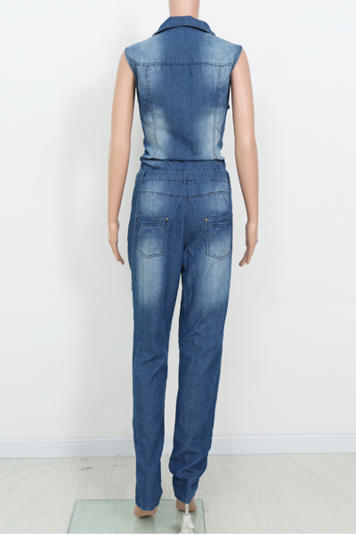 Sexy V Neck Sleeveless Blue Denim One-piece Skinny Jumpsuit