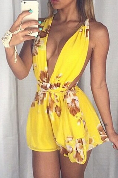 Sexy V Neck Sleeveless Floral Print Yellow Chiffon One-piece Regular Jumpsuit