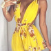 Sexy V Neck Sleeveless Floral Print Yellow Chiffon One-piece Regular Jumpsuit