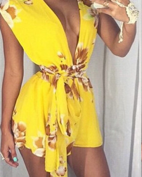 Sexy V Neck Sleeveless Floral Print Yellow Chiffon One-piece Regular Jumpsuit