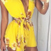 Sexy V Neck Sleeveless Floral Print Yellow Chiffon One-piece Regular Jumpsuit