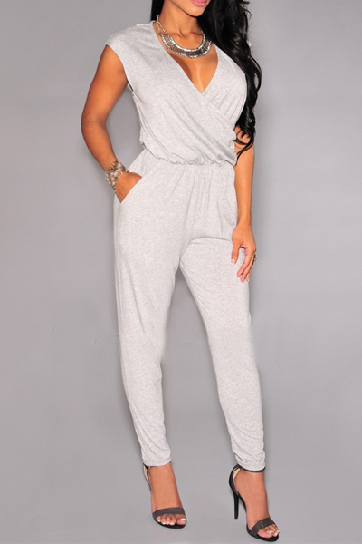 Sexy V Neck Tank Sleeveless Solid Grey Polyester One-piece Regular Jumpsuit