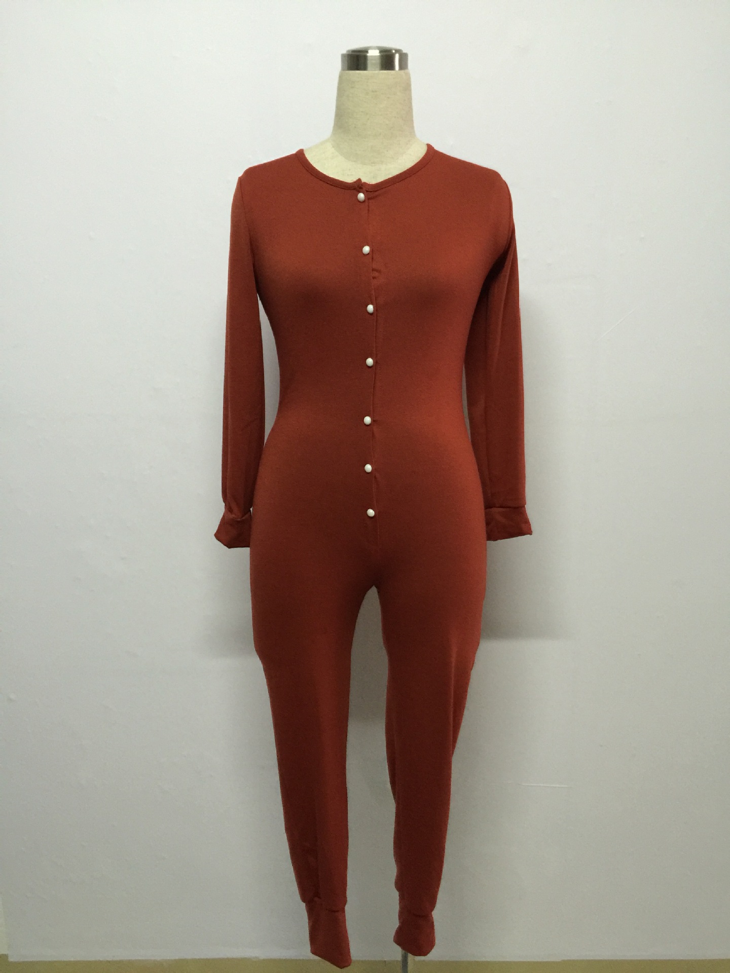 Slim V Neck Long Sleeves Single-breasted Red Cotton Blend One-piece Skinny Jumpsuit