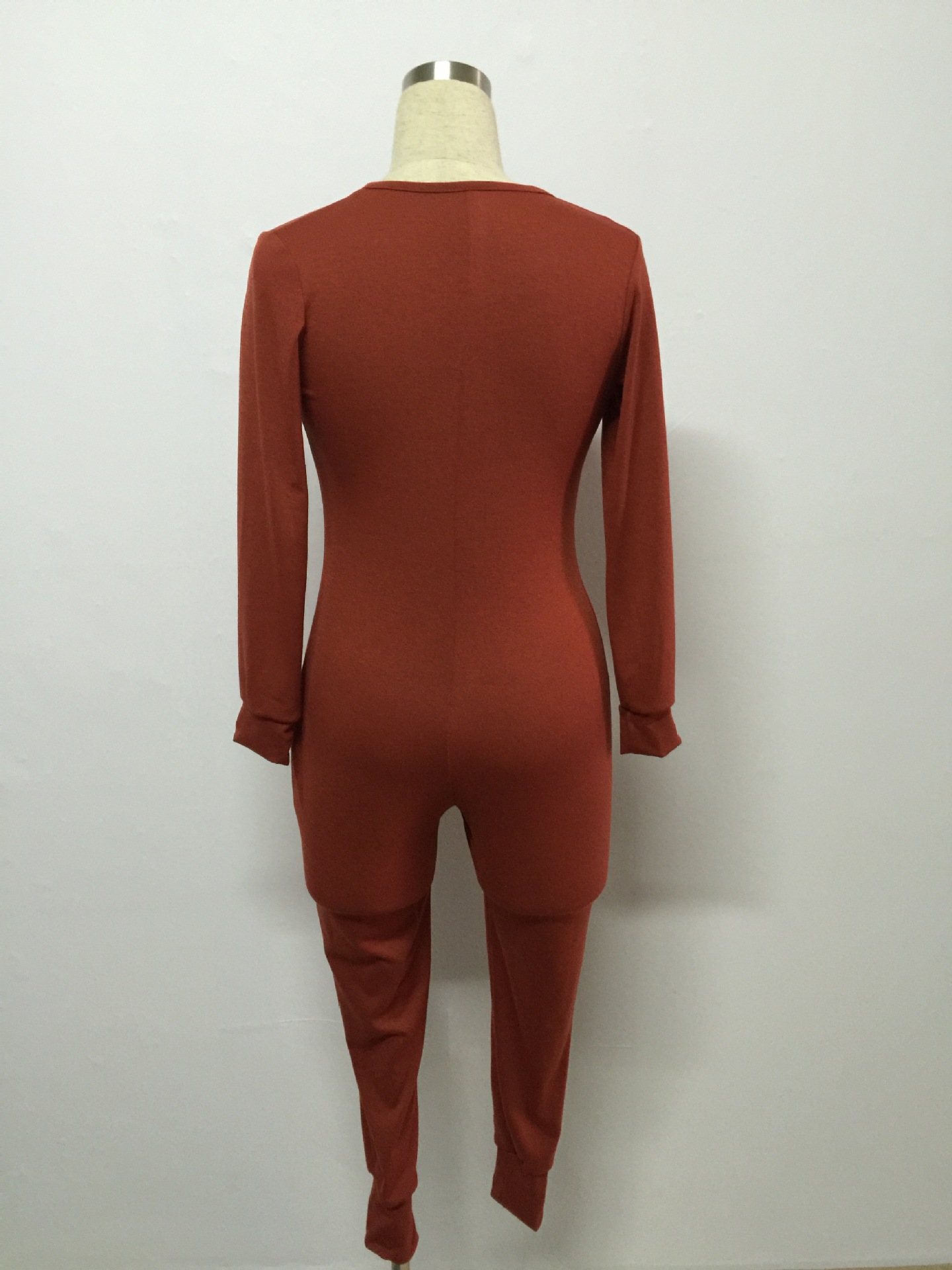 Slim V Neck Long Sleeves Single-breasted Red Cotton Blend One-piece Skinny Jumpsuit