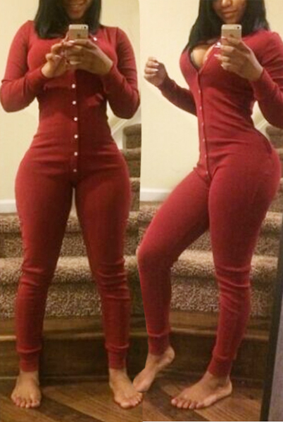 Slim V Neck Long Sleeves Single-breasted Red Cotton Blend One-piece Skinny Jumpsuit