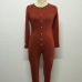 Slim V Neck Long Sleeves Single-breasted Red Cotton Blend One-piece Skinny Jumpsuit