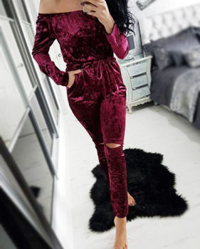 Stylish Bateau Neck Long Sleeves Broken Holes Wine Red Velvet One-piece Skinny Jumpsuits