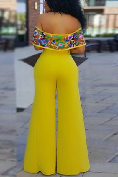 Stylish Bateau Neck Short Sleeves High Split Yellow Healthy Fabric One-piece Jumpsuits