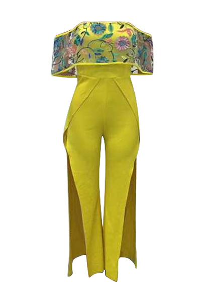 Stylish Bateau Neck Short Sleeves High Split Yellow Healthy Fabric One-piece Jumpsuits