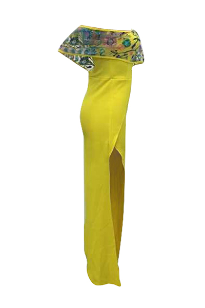 Stylish Bateau Neck Short Sleeves High Split Yellow Healthy Fabric One-piece Jumpsuits