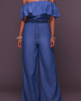 Stylish Dew Shoulder Falbala Design Blue Denim One-piece Jumpsuits(Without Bracelet)