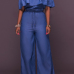 Stylish Dew Shoulder Falbala Design Blue Denim One-piece Jumpsuits(Without Bracelet)