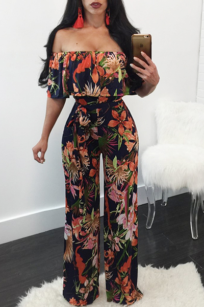 Stylish Dew Shoulder Floral Print Qmilch One-piece Jumpsuits