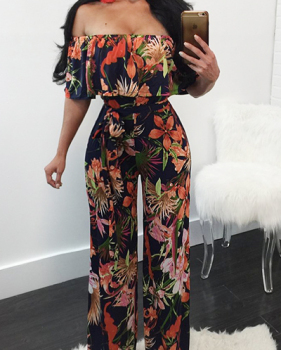 Stylish Dew Shoulder Floral Print Qmilch One-piece Jumpsuits