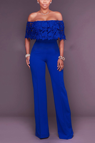 Stylish Dew Shoulder Hollow-out Blue Twilled One-piece Jumpsuits