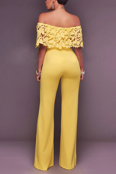 Stylish Dew Shoulder Hollow-out Yellow Twilled One-piece Jumpsuits