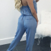 Stylish Dew Shoulder Light Blue Denim One-piece Jumpsuits