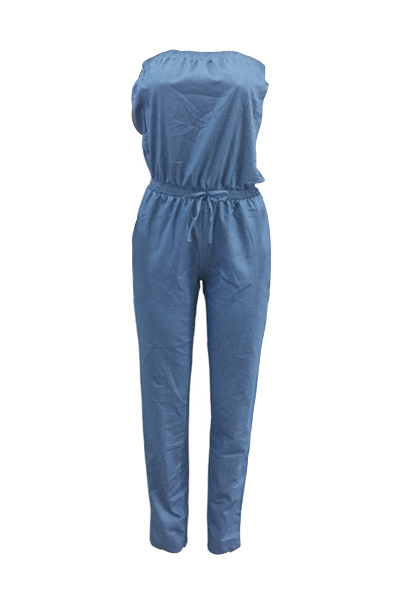 Stylish Dew Shoulder Light Blue Denim One-piece Jumpsuits