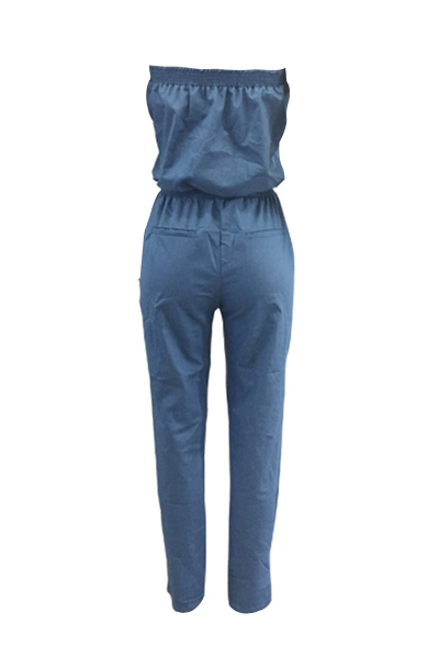 Stylish Dew Shoulder Light Blue Denim One-piece Jumpsuits