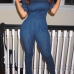 Stylish Dew Shoulder Short Sleeves Dark Blue Denim One-piece Skinny Jumpsuits