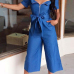 Stylish Dew Shoulder Short Sleeves Zipper Design Blue Denim One-piece Jumpsuits