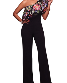 Stylish Embroidered Design Asymmetrical Black Cotton Blends One-piece Jumpsuits