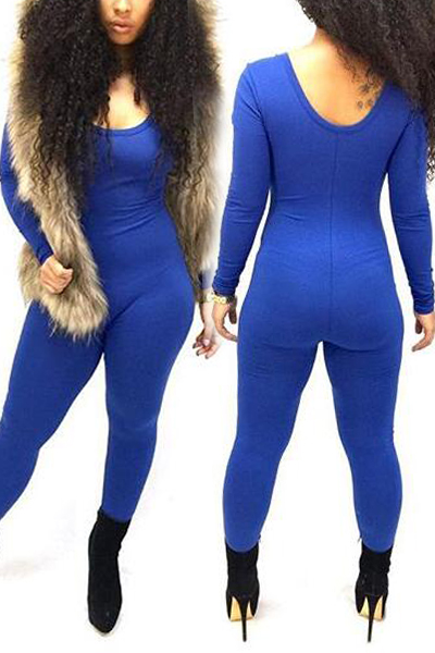 Stylish O Neck Long Sleeves Royalblue Qmilch One-piece Skinny Jumpsuit