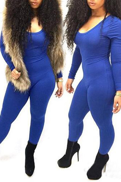 Stylish O Neck Long Sleeves Royalblue Qmilch One-piece Skinny Jumpsuit