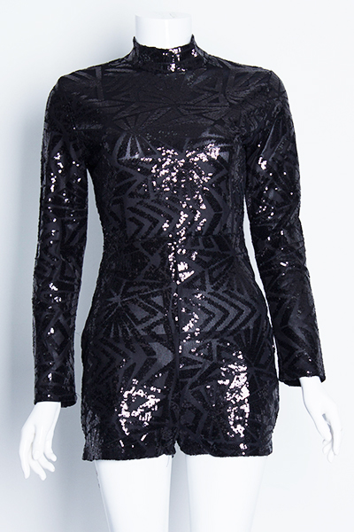 Stylish O Neck Long Sleeves Sequins Design Black Cotton Blend One-piece Jumpsuit