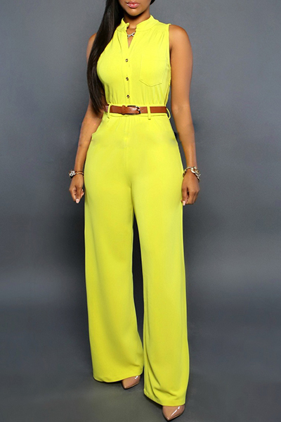 Stylish O Neck Sleeveless Button Design Yellow Qmilch One-piece Jumpsuits (Without Belt)