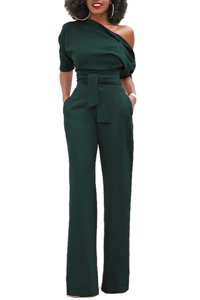 Stylish One-shoulder Army Green Polyester One-piece Jumpsuits(With Belt)