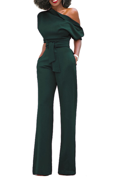 Stylish One-shoulder Army Green Polyester One-piece Jumpsuits(With Belt)