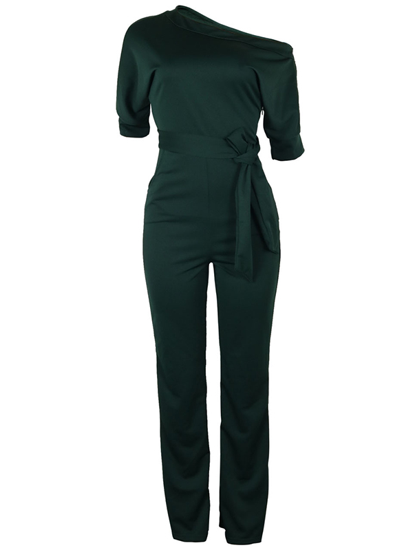 Stylish One-shoulder Army Green Polyester One-piece Jumpsuits(With Belt)