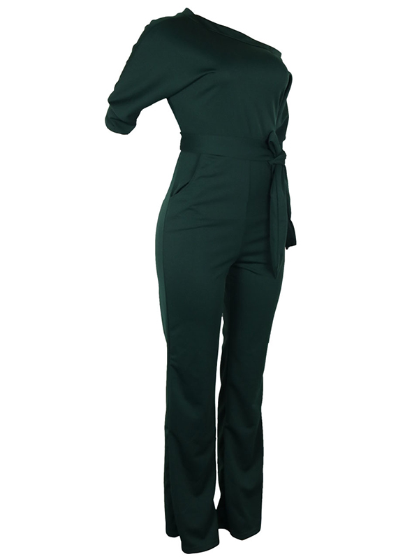 Stylish One-shoulder Army Green Polyester One-piece Jumpsuits(With Belt)