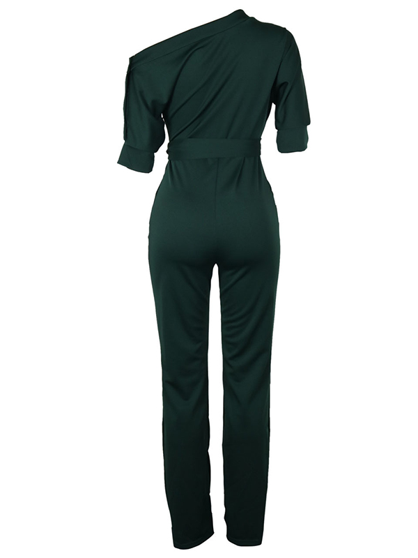 Stylish One-shoulder Army Green Polyester One-piece Jumpsuits(With Belt)